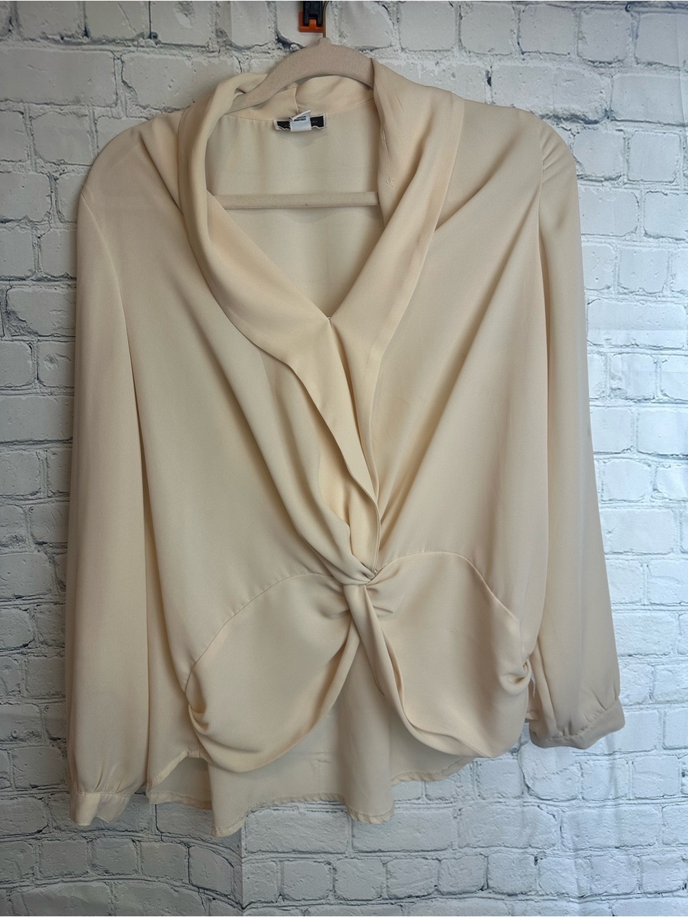 Twist-Front Cream Blouse with Draped Collar - Women’s Top